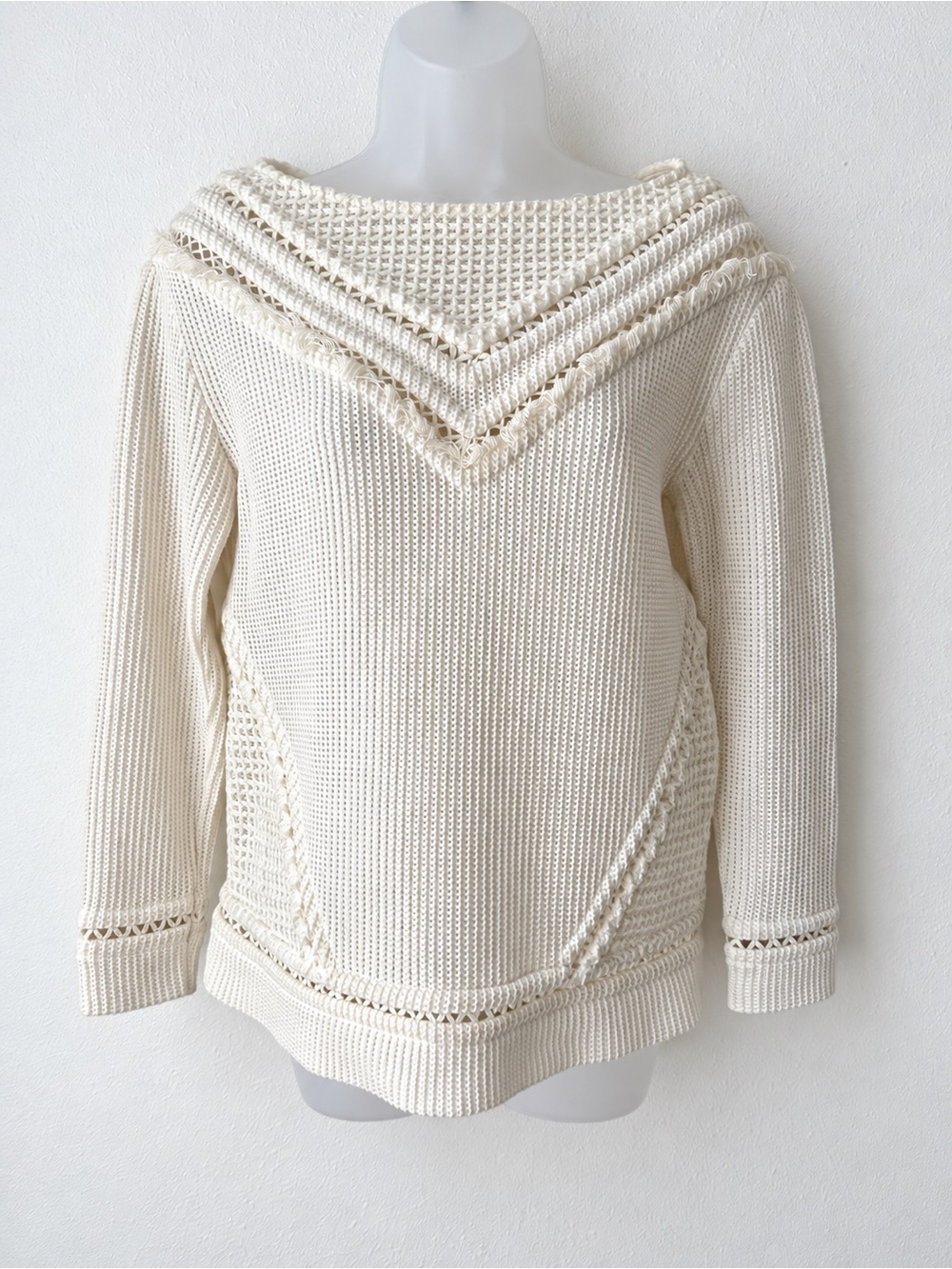 Saylor Ivory Textured Knit Sweater Small Fringe Openwork